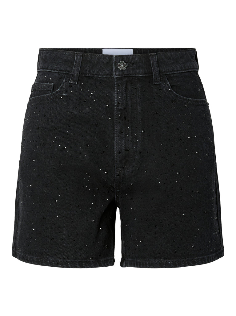 PCGABI HW RHINESTONE DENIM SHORTS BC black pieces jeansshort zwart glitter festivaloutfit