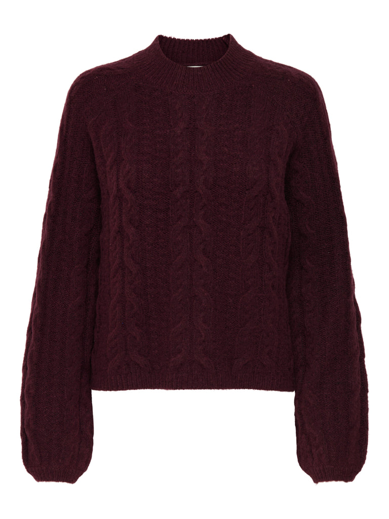 JDYSILJA L/S HN CABLE PULLOVER KNT maroon trui lange mouwen kabel patroon opstaand kraagje bordeaux