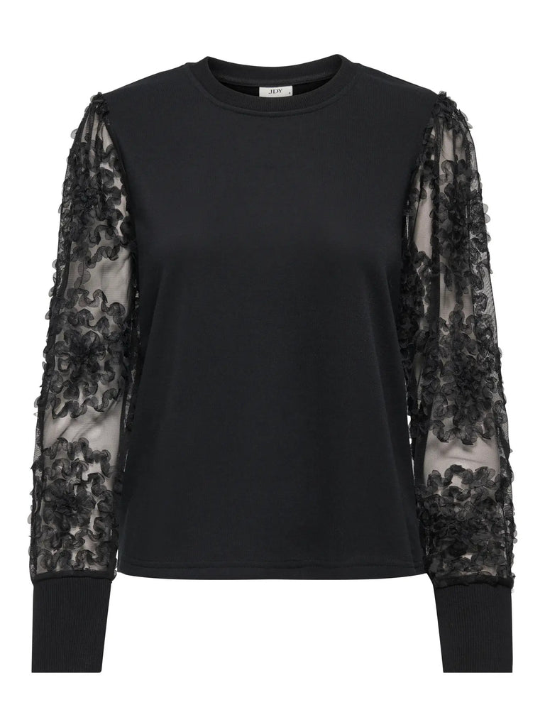 JDYFAIRVIEW LIFE L/S SWEAT JRS NOOS black sweater zwart doorzichtige mouwen 