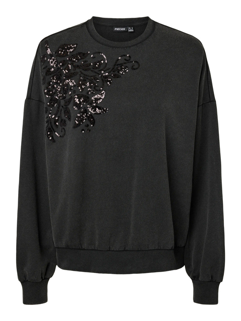 PCMIE LS SEQUINS SWEATSHIRT JRS BC black flower pieces sweater glitter