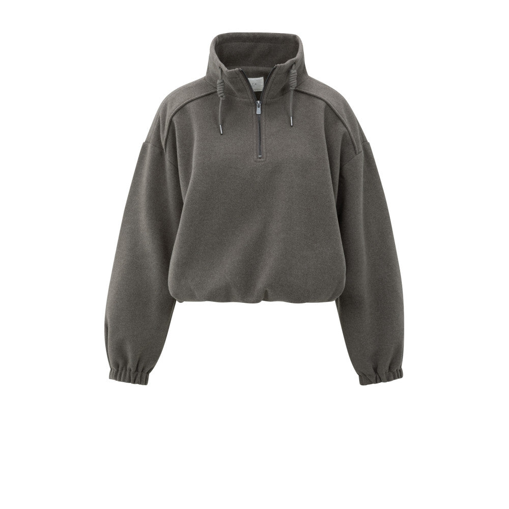 Yaya 01-109101-510 dark taupe grey melange sweater fleece opstaande kraag rits ballonmouwen pofeffect taupe