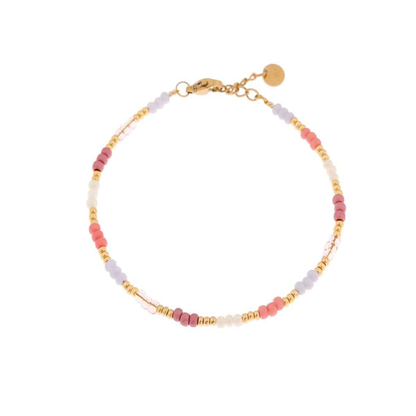 Label kiki sweet rainbow bracelet gold stainless steel goud armband fijne pareltjes wit goud roze paars lila