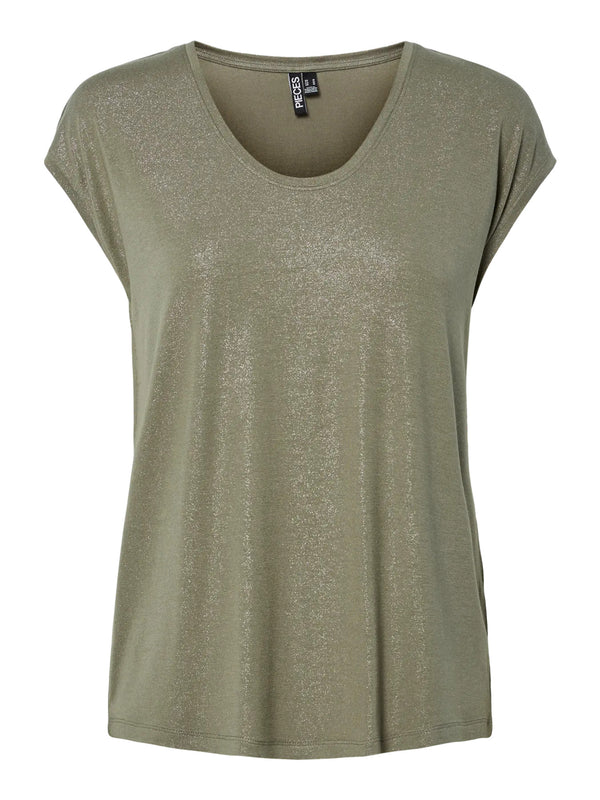 PCALICE SS GLITTER TEE JRS NOOS BC Deep Lichen Green GLITTER SILVER pieces t-shirt kaki glitter v-hals