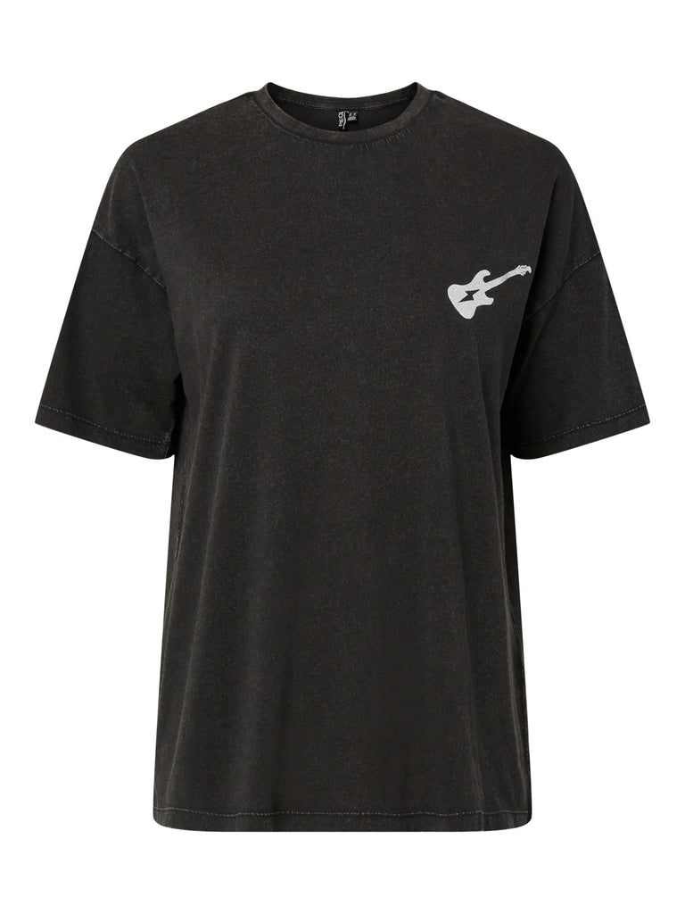PCELOISE SS WASHED PRINT TEE FC BC black pieces t-shirt zwart rock and roll zilver glitter