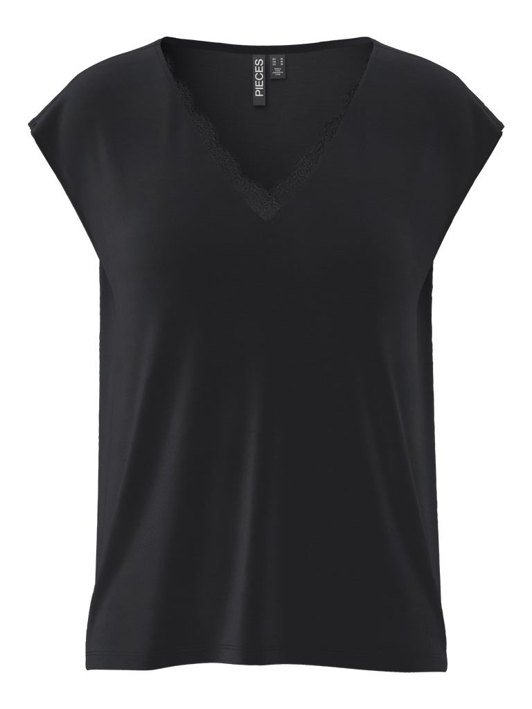 PCKAMALA LACE V-NECK TEE JRS NOOS BC black pieces t-shirt v-hals kapmouwen kant zwart