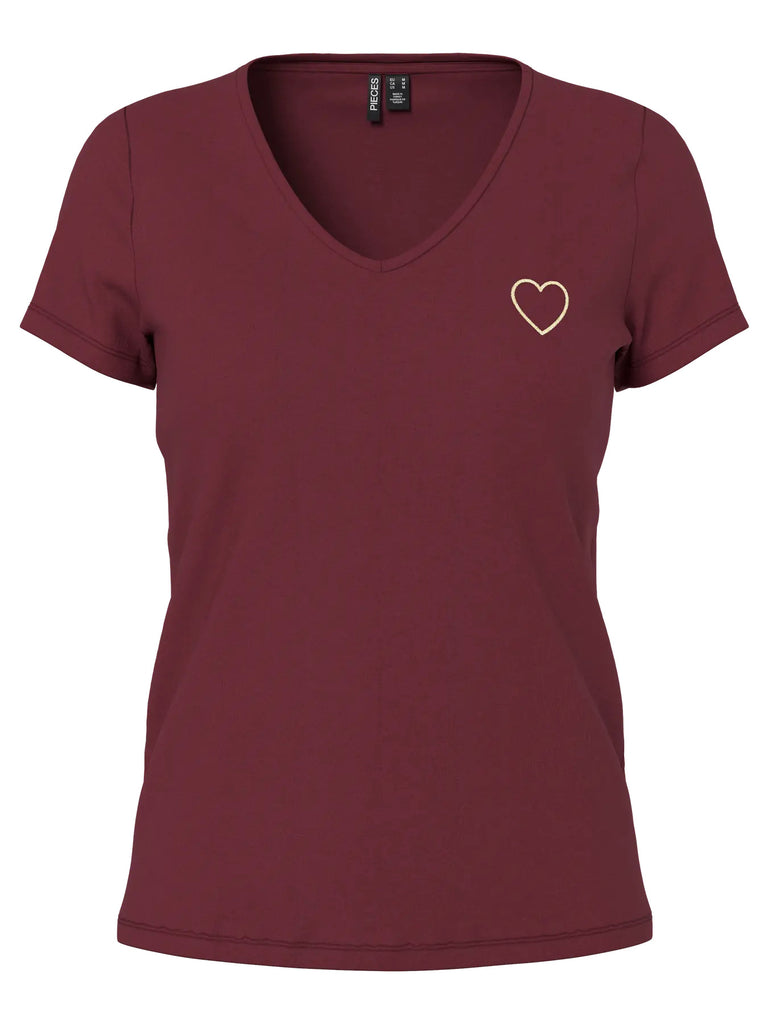 PCnew billy tee emb jrs noos bc tawney port gold heart pieces t-shirt korte mouwen v-hals bordeaux goud hart