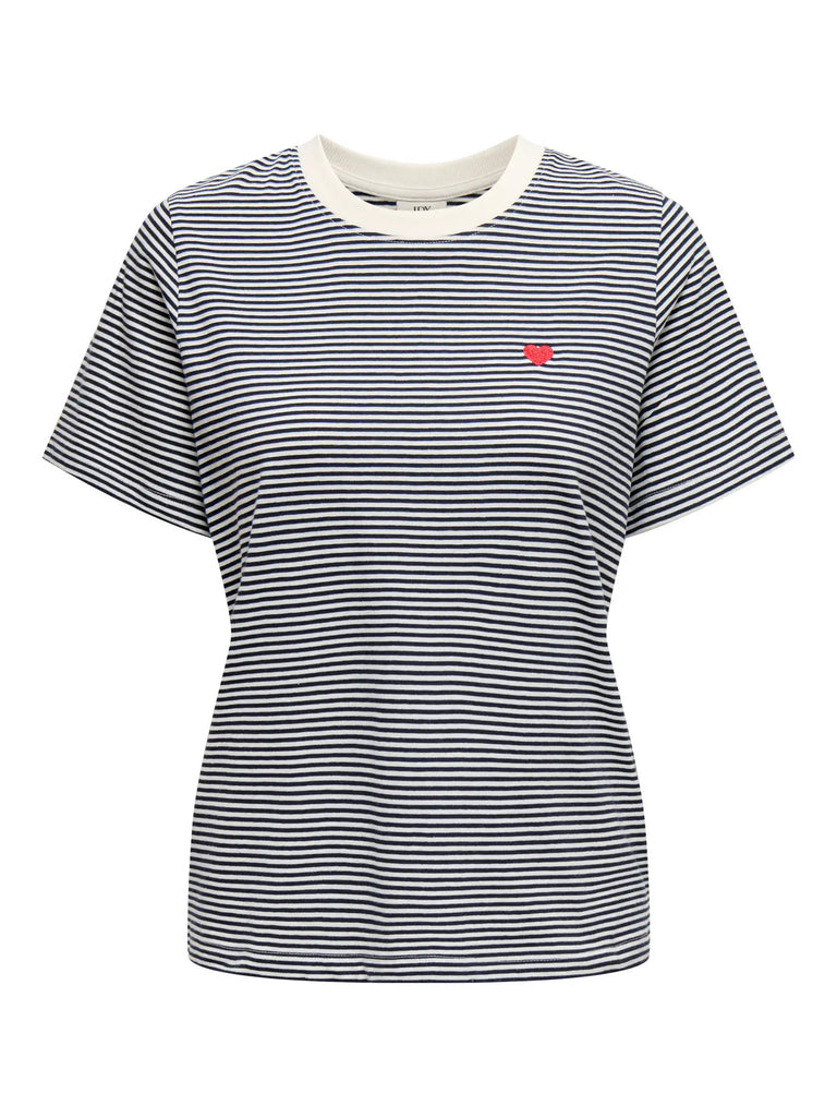 JDYPISA S/S PRINT TOP JRS NOOS Cloud Dancer SKY CAPTAIN Y/D STRIPES & BS HEART pieces t-shirt donkerblauw wit gestreept hartje
