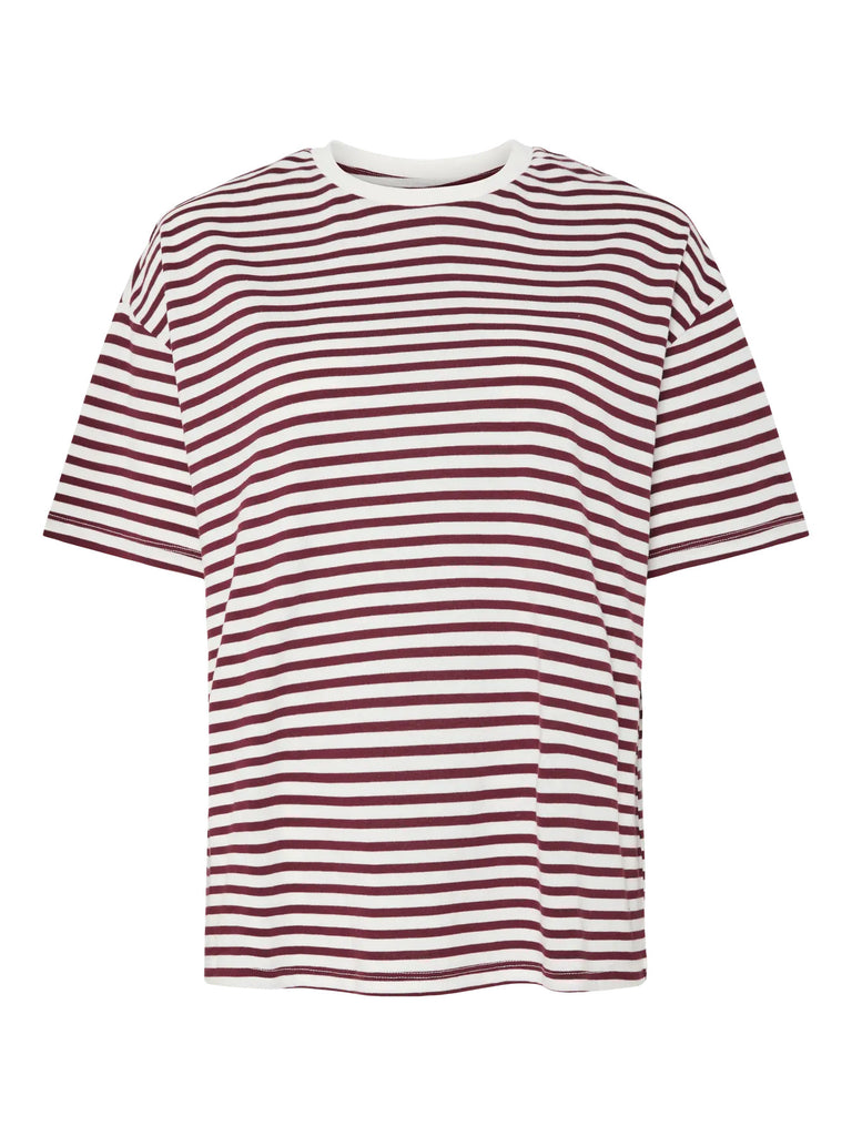 PCsadie 2/4 tee jrs cloud dancer tawny port t-shirt korte mouwen ronde hals gestreept wit bordeaux