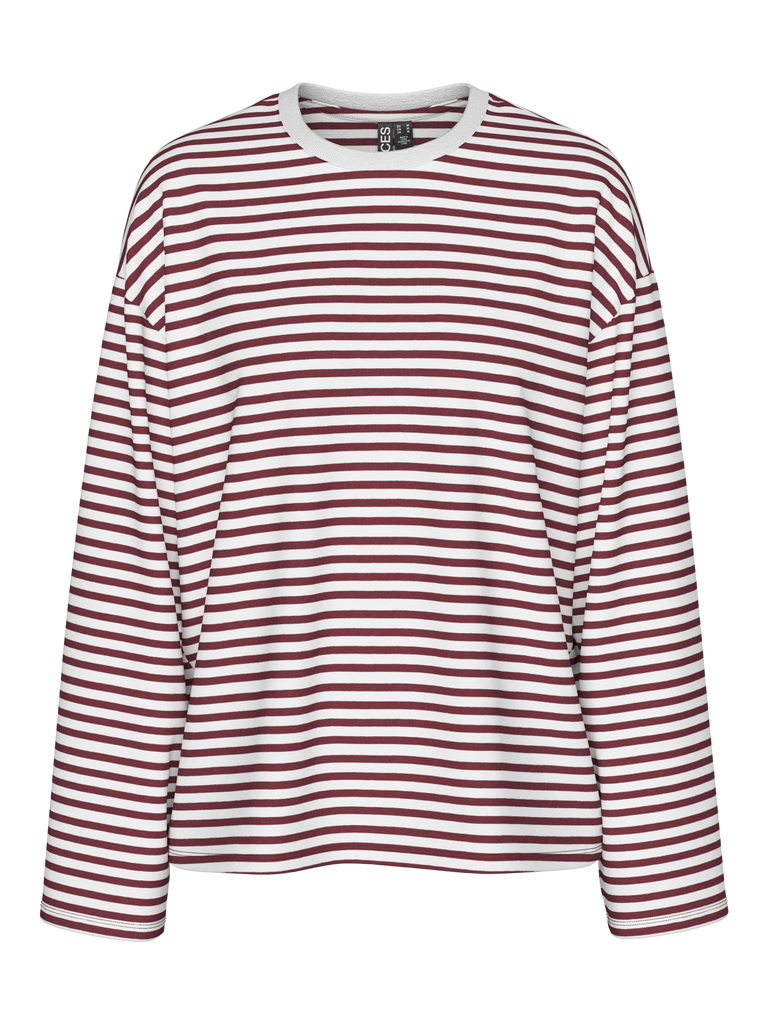 PCSADIE LS TOP JRS NOOS cloud dancer tawny port pieces t-shirt lange mouwen ronde hals wit bordeaux gestreept