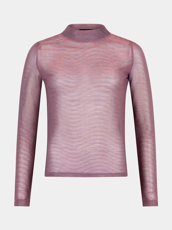 Ydence top finley pink red doorzichtige blouse lange mouwen opstaande kraag roze paars rood glitter