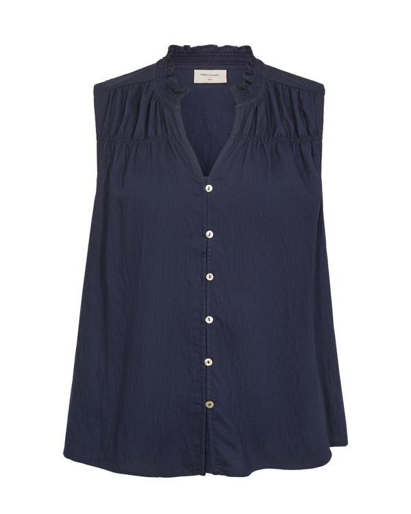 FQally blouse navy blazer freequent mouwloze top donkerblauw knoopjes v-hals