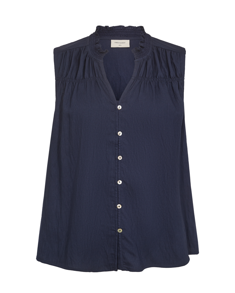 FQally blouse navy blazer freequent mouwloze top donkerblauw knoopjes v-hals