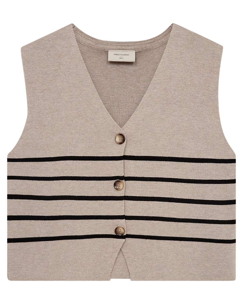 FQani waistcoat SIMPLY TAUPE MEL. W. BLACK freequent top debardeur v-hals knopen bruin beige zwart gestreept