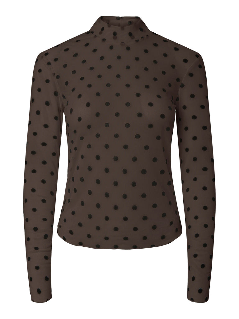 PCJESHI LS HIGH NECK TOP JRS BC hot fudge dots pieces mesh top bruin