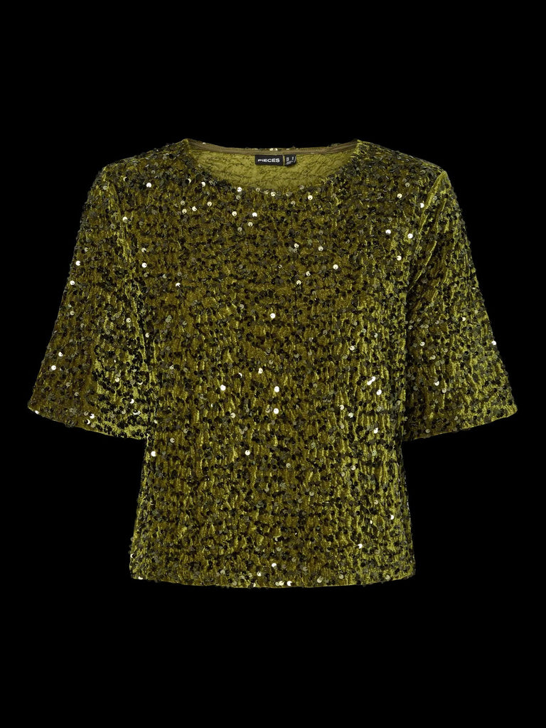 PCKAM SS TOP JRS NOOS BC kalamata pieces top pailletten mosgroen kaki
