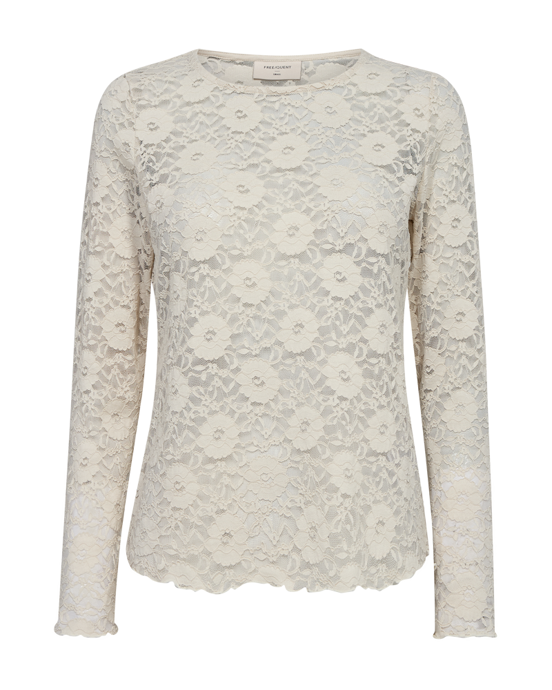 FQLENNON-BLOUSE moonbeam freequent top kant lange mouwen ronde hals beige doorzichtig