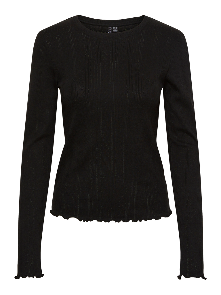 PCMARIE LS O-NECK POIN TOP JRS NOOS BC black pieces t-shirt lange mouwen zwart ronde hals licht doorzichtige stof