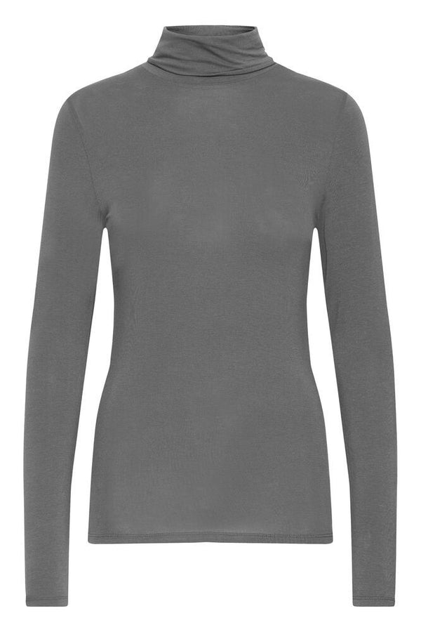 IHphiluca ls gray pinstripe ichi aansluitende top lange mouwen rolkraag lichte stof grijs