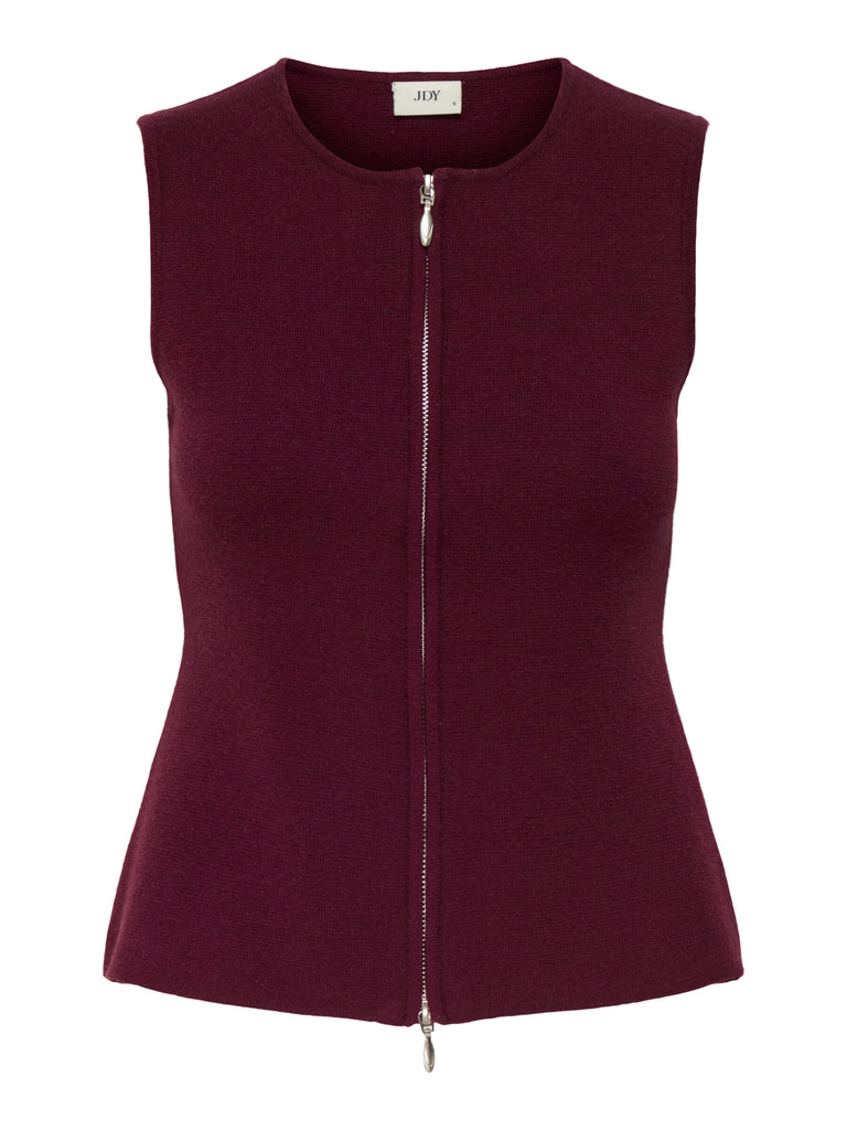JDYRILEY S/L O-NECK TWO WAY ZIP VEST KNT maroon banner top rits bordeaux