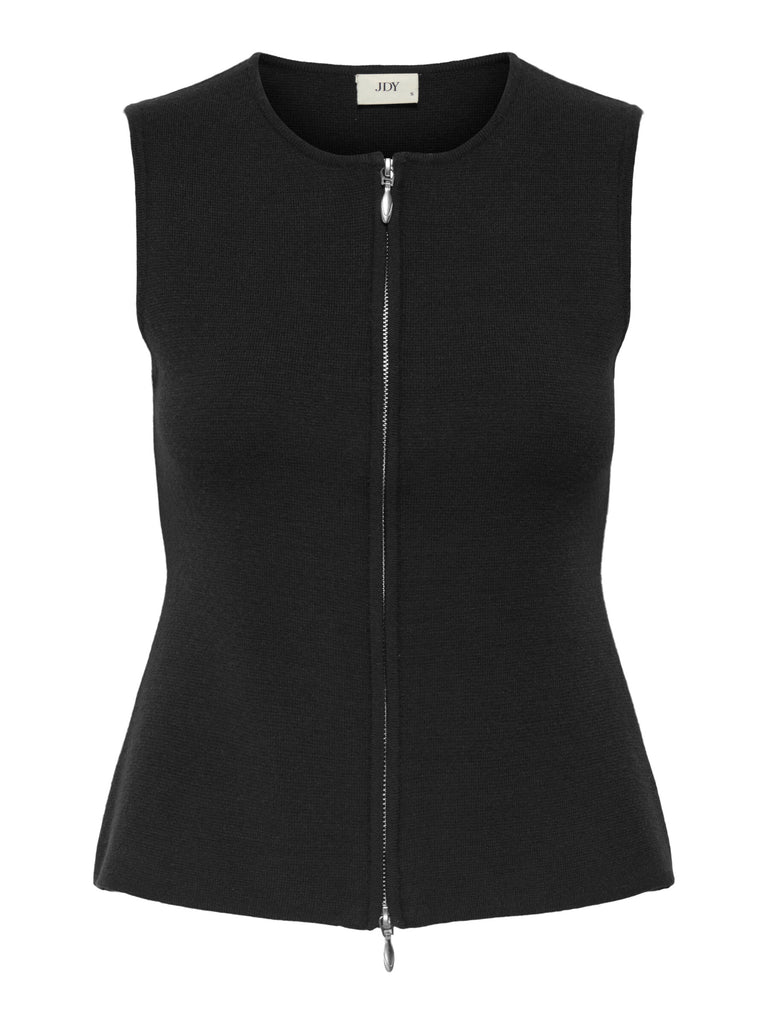 JDYRILEY S/L O-NECK TWO WAY ZIP VEST KNT black top rits zwart