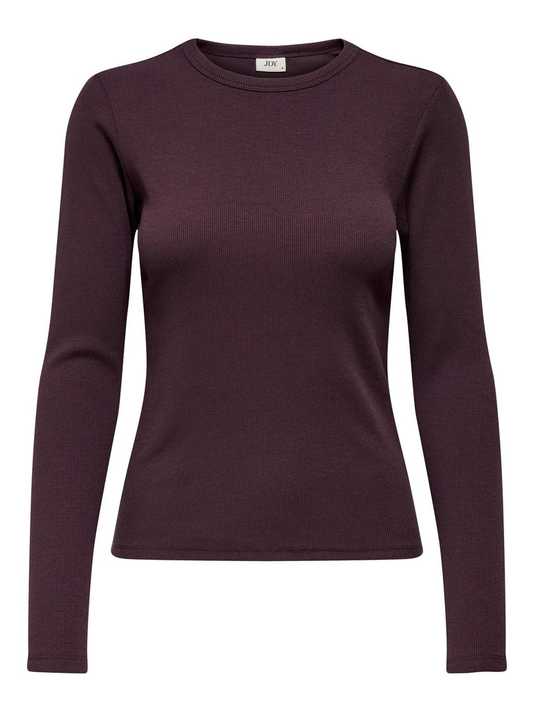 JDYSOLAR L/S O NECK TOP JRS DIA fudge t-shirt ribstof lange mouwen aubergine