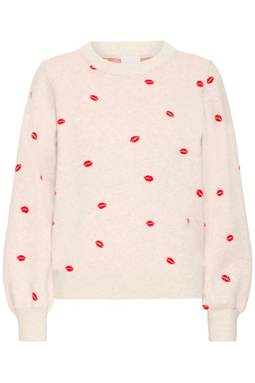 IHBRIELLE LS6 Oatmeal Melange - Nature ichi trui lange mouwen ronde hals lipjes rood beige oranje