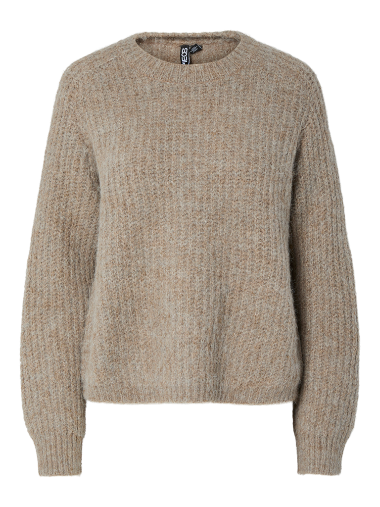 PCCLEO LS O-NECK CHUNKY KNIT NOOS BC greige melange pieces trui beige taupe