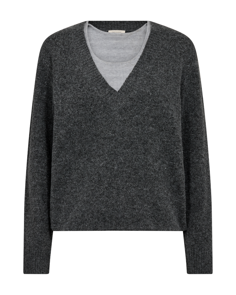 FQHARDY-PULLOVER dark grey melange freequent trui v-hals grijs