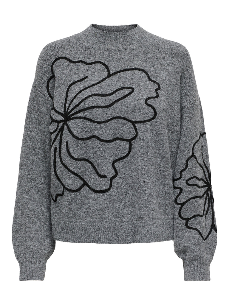 JDYJELLA L/S FLOWER PULLOVER KNT NOOS dark grey melange trui grijs bloem zwart