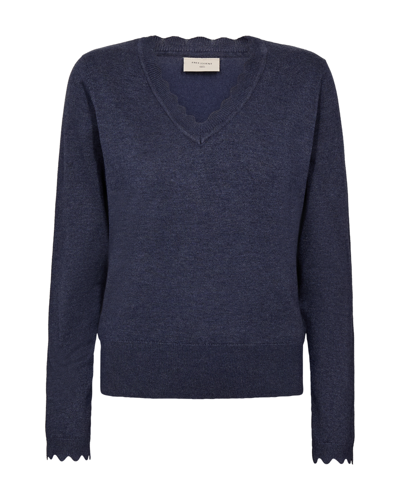 fqkatie pullover vintage indigo melange freequent trui v-hals lange mouwen blauw denim