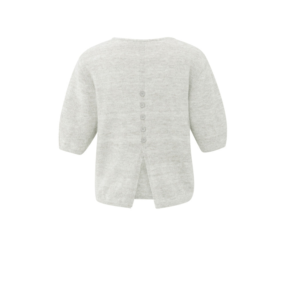 yaya 01-000522-510 taupe grey melange trui halflange mouwen knopen rug detail taupe grijs v-hals