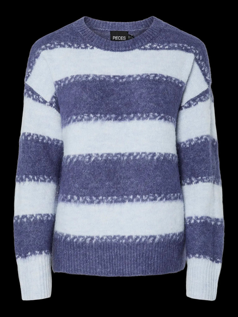 PCMILLA LS O-NECK KNIT BC  Skipper Blue Xenon blue pieces trui lange mouwen ronde hals blauw gestreept