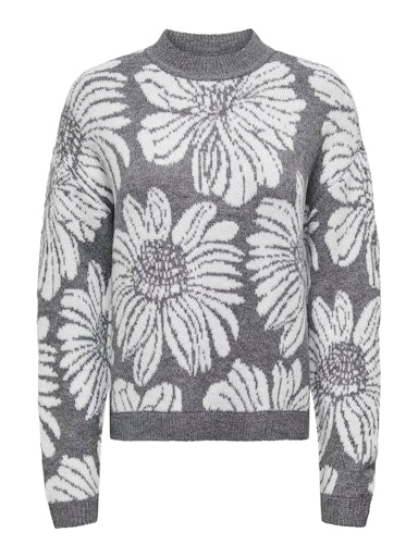 JDYSIGNE L/S O-NECK FLOWER JACQ PULL KNT medium grey trui grijs bloemen wit