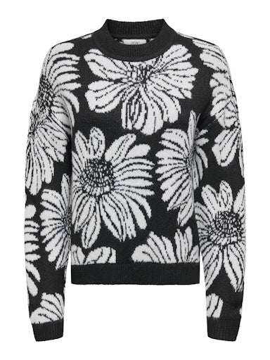 JDYSIGNE L/S O-NECK FLOWER JACQ PULL KNT black trui zwart bloemen wit