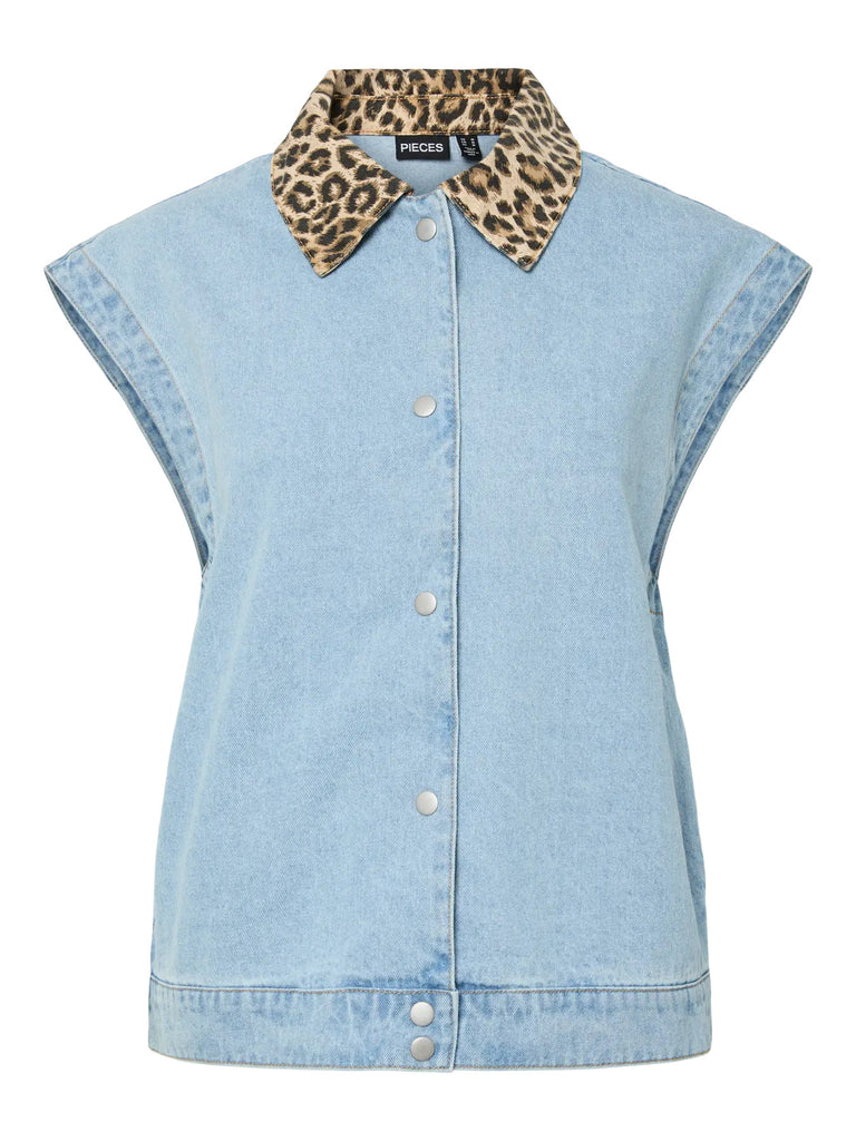PCBREIA SL DENIM VEST FC blue denim pieces mouwloze jeansvest blauw leopard