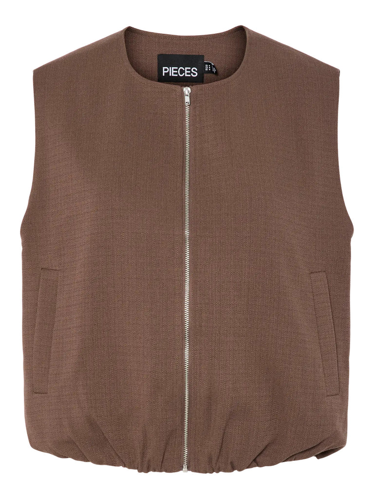 PCFALEAH VEST chocolate martini pieces mouwloze vest rits bruin