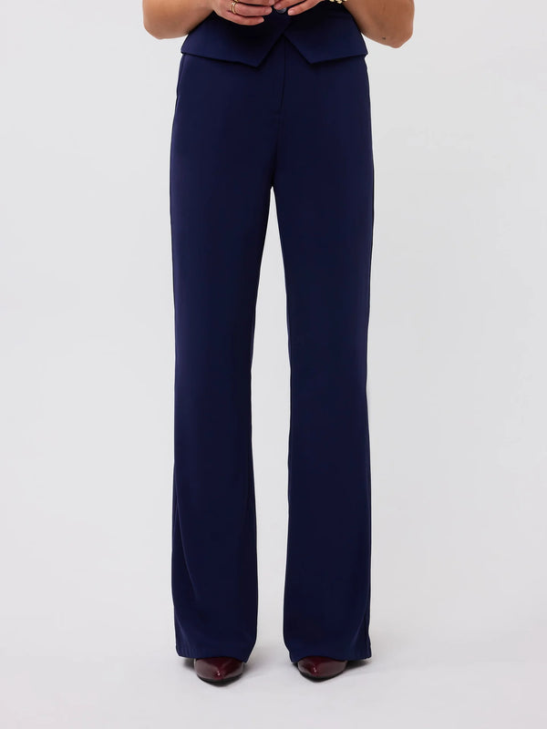 Ydence pants solange navy geklede elegante broek wijde rechte pijpen elastische tailleband donkerblauw