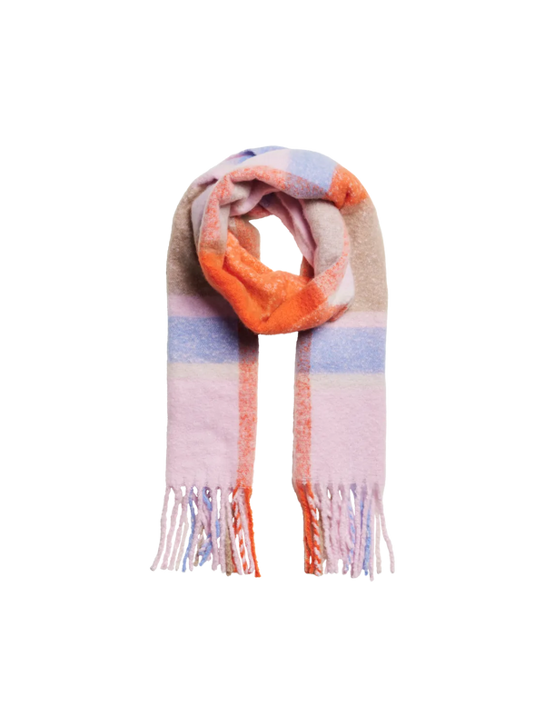 PCbea long scarf noos bc pink lavender check pieces roze oranje blauw franjes warm lang zacht