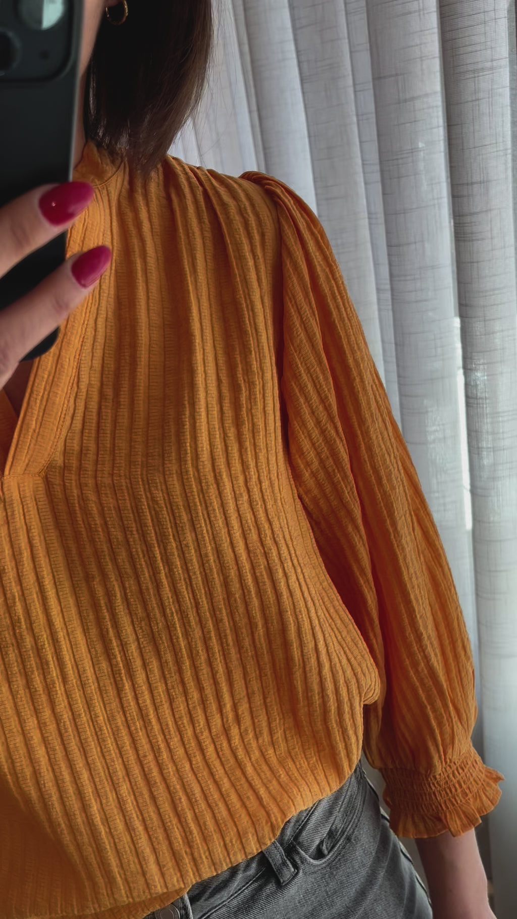 PZisabelle blouse golden nugget pulz jeans losvallende blouse v-hals 3/4e mouwen oranje goud