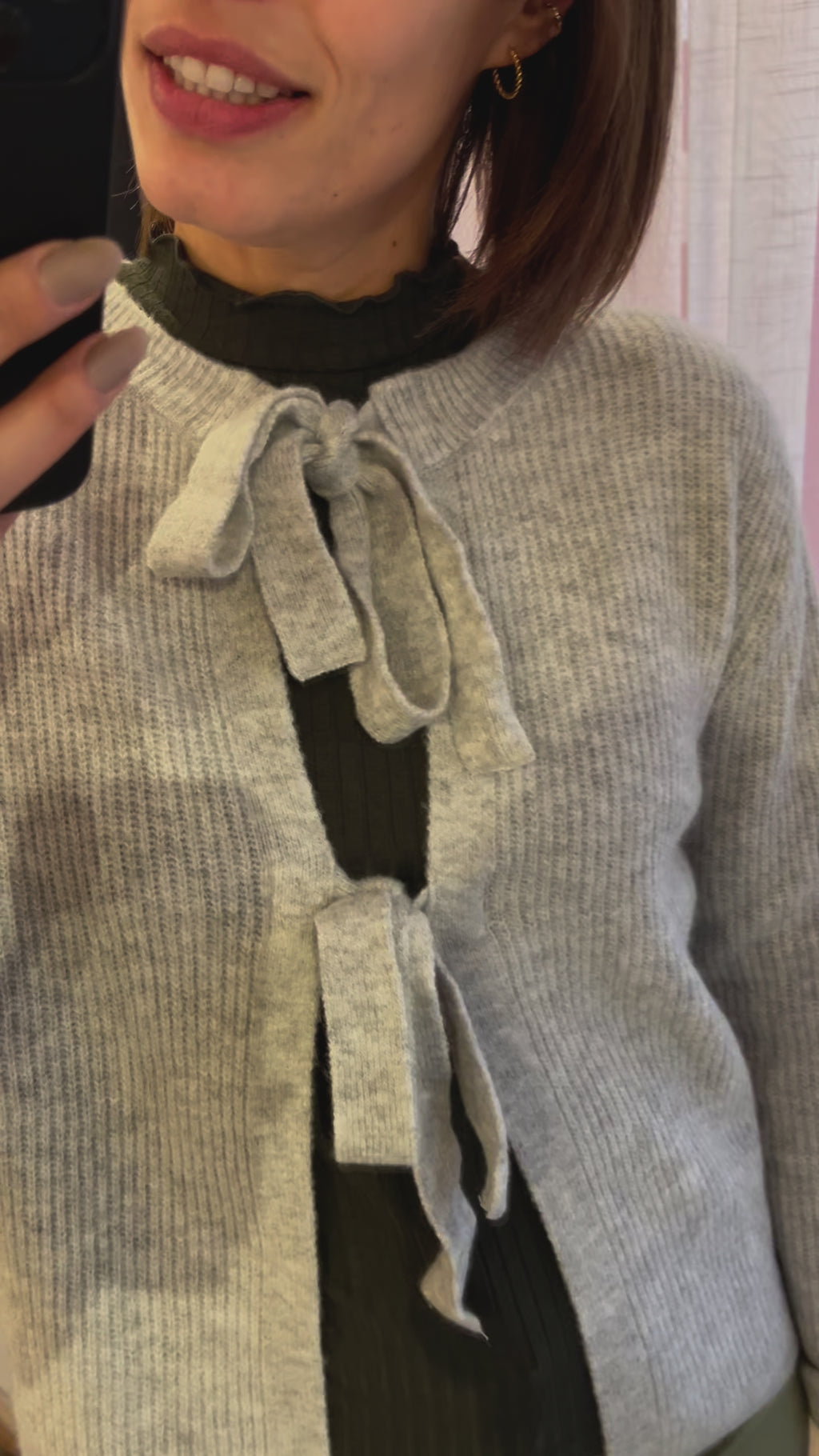 PCsilly ls rev tie knit noos bc light grey melange pieces trui omkeerbaar strikjes lichtgrijs lange mouwen ronde hals