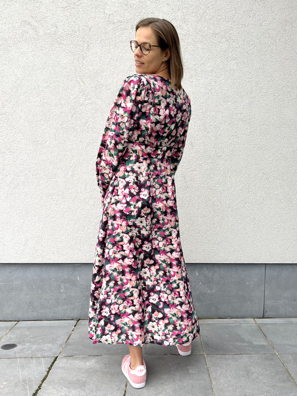 Freequent caisa dress black pepper green lange jurk bloemenprint
